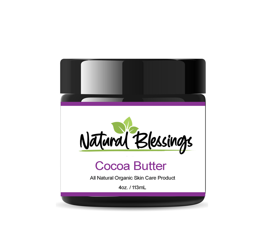 Natural Blessings Cocoa Butter jar with white label and black lid.